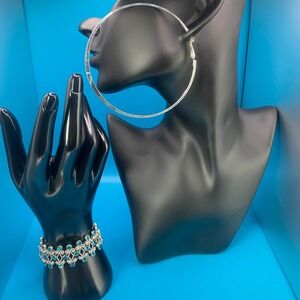 Silver‎ Tone Teal Rhinestone Stretch Bracelet & Large 3.5" Hoop Earring Lot